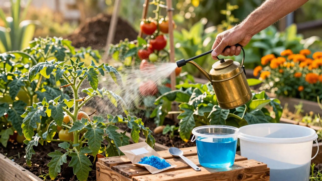 Mão regando plantas de tomate com regador metálico num jardim com produtos para fertilização.