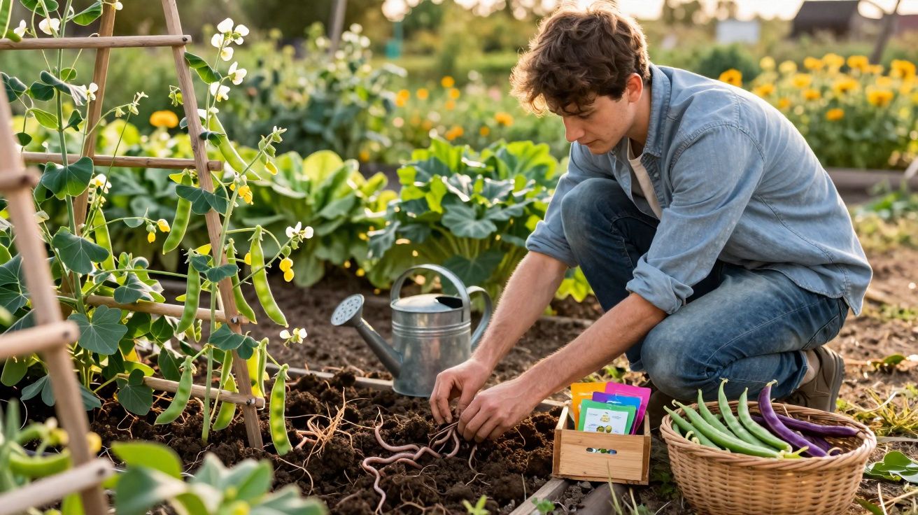 Homem a cuidar de minhocas numa horta com cestos de feijões e regador ao lado.
