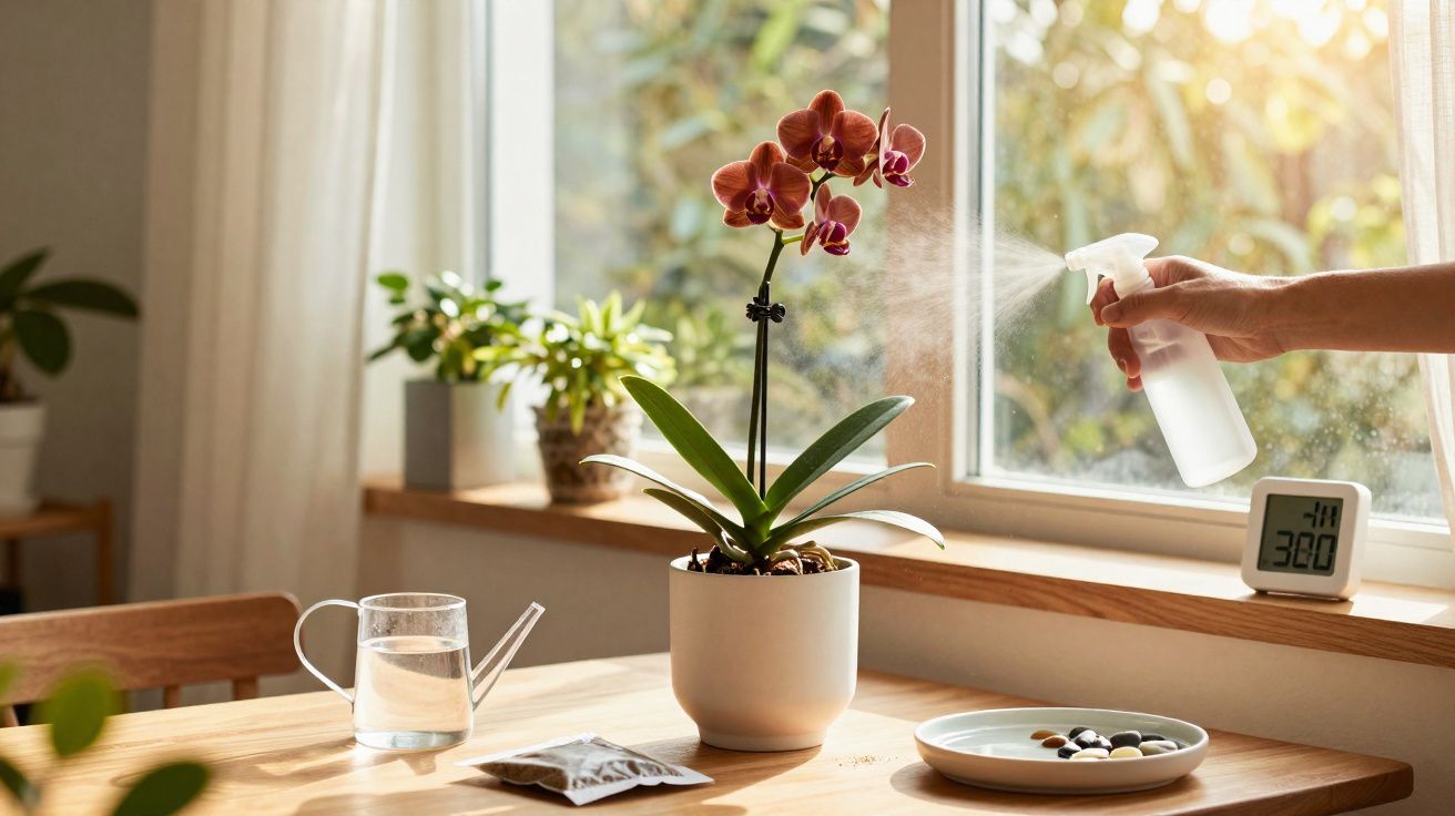 Pessoa a borrifar água numa orquídea vermelha numa sala iluminada com plantas e decoração minimalista.