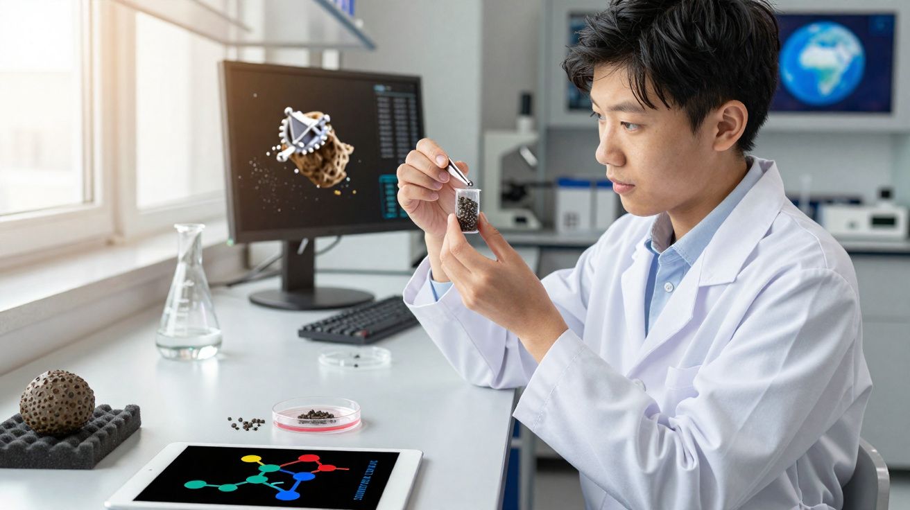 Cientista analisando amostras em frascos num laboratório moderno com modelos moleculares digitais.