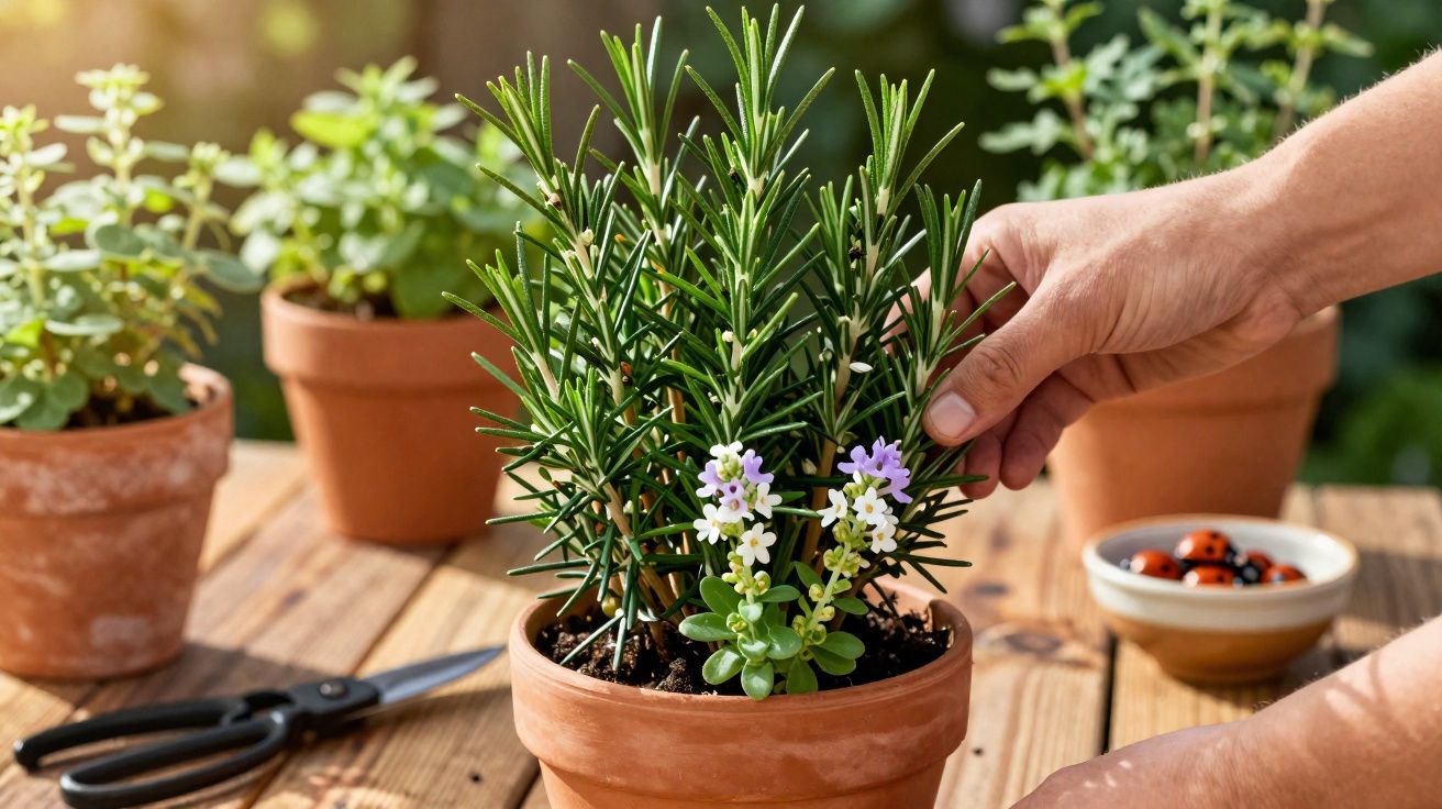 Mãos a cuidar de planta em vaso de barro com outras plantas e tesoura em mesa de madeira.