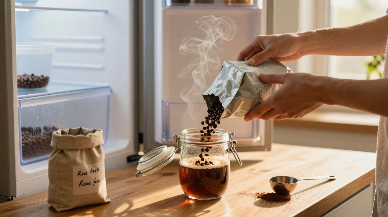 Mãos a verter grãos de café numa jarra de vidro, com saco de café e colher num balcão de cozinha.