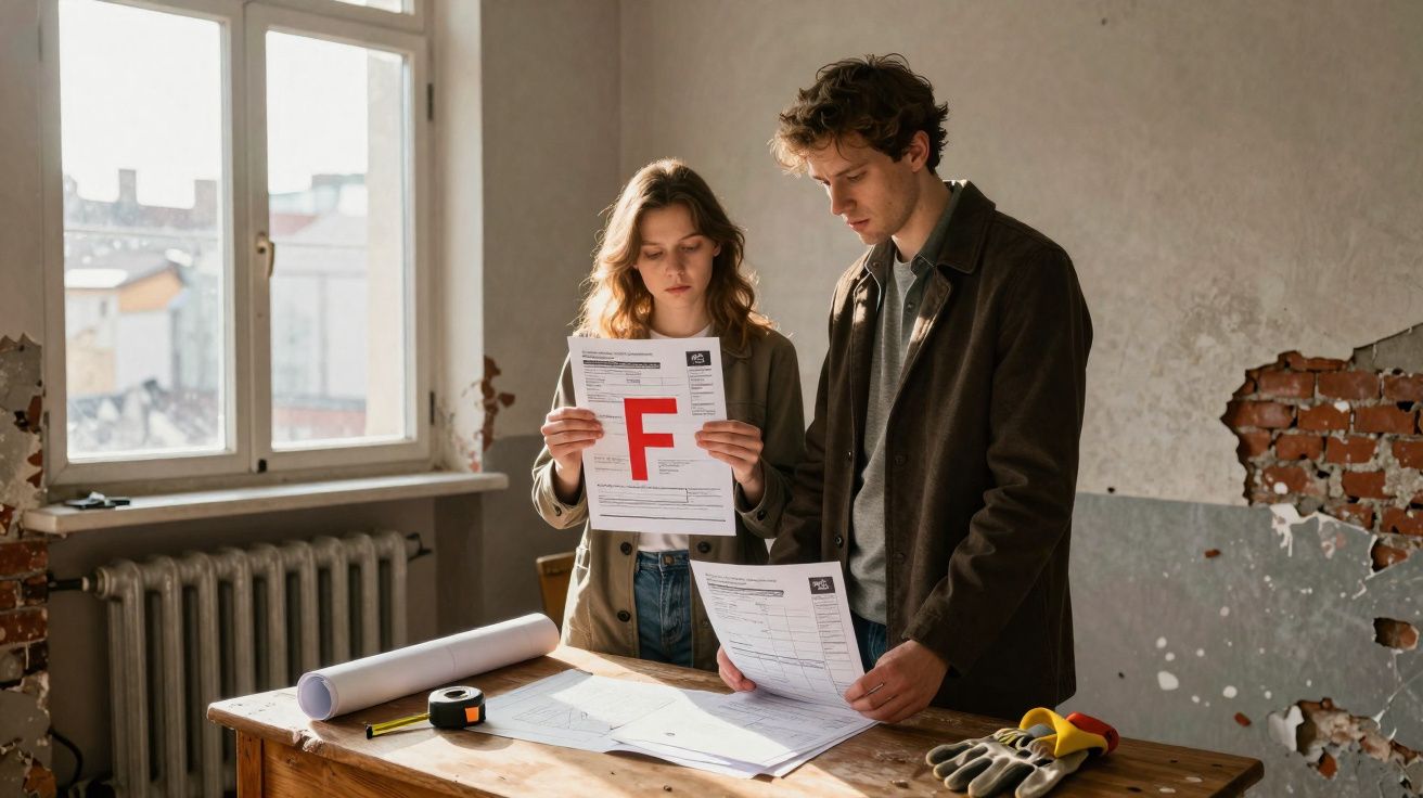 Casal numa sala em obras vê documentos com uma letra F vermelha, aparentando preocupação.