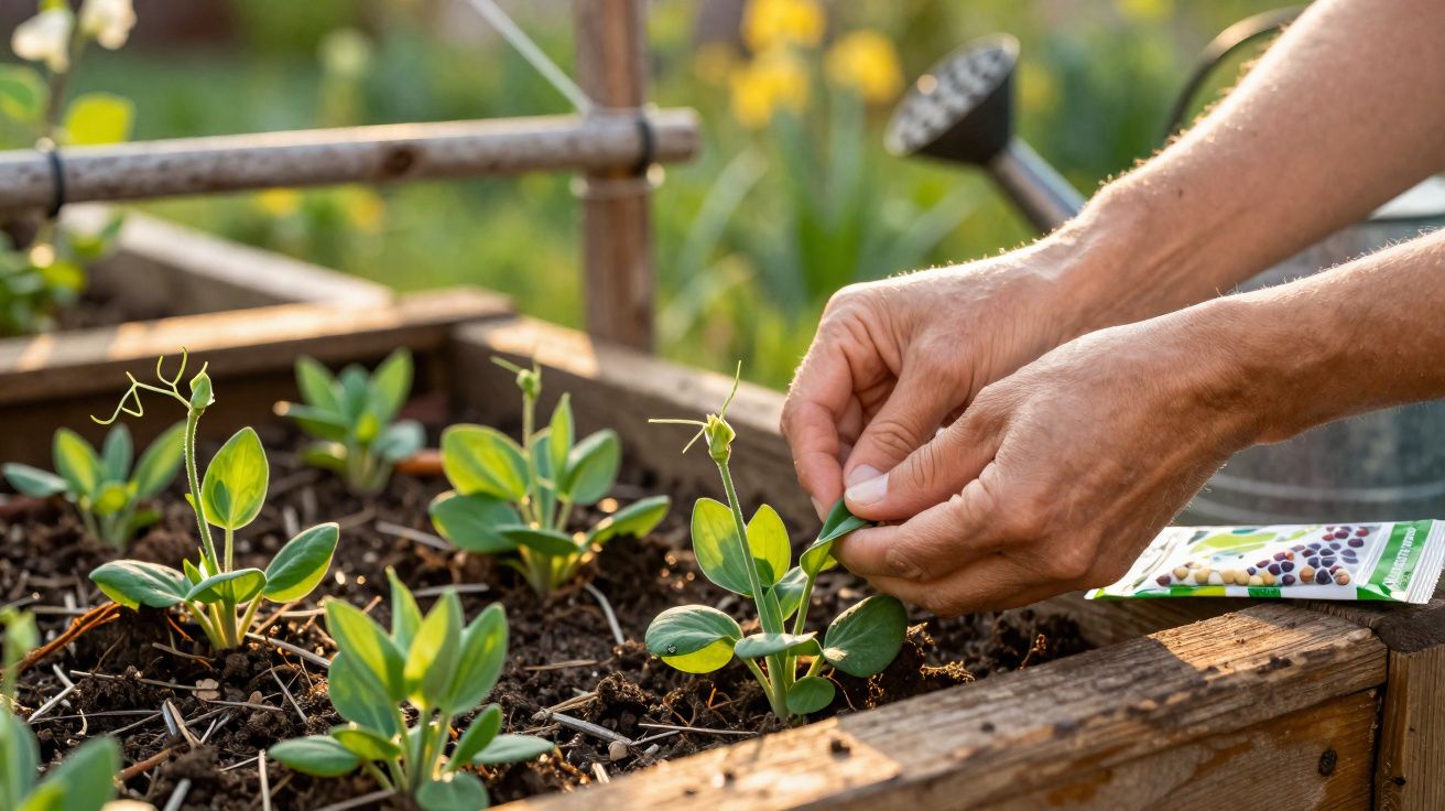 Mãos a cuidar de pequenas plantas verdes numa horta com terra e saco de sementes ao fundo.
