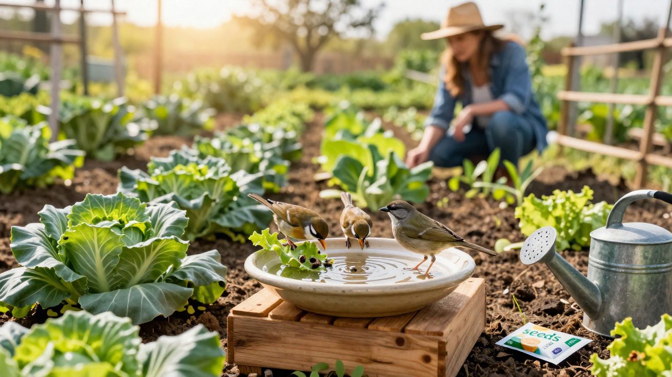 Pássaros bebendo água numa tigela numa horta com alfaces, mulher a cuidar das plantas ao fundo.