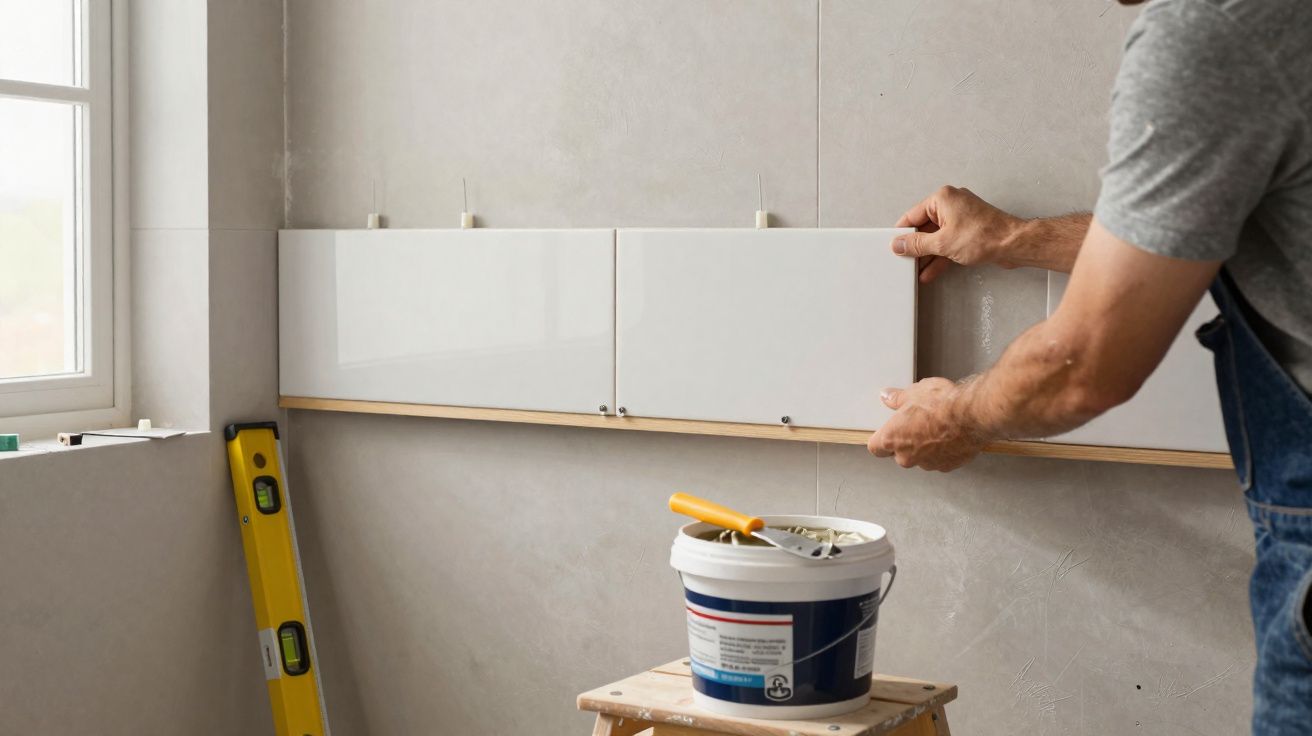 Pessoa a instalar armário branco numa parede cinzenta numa divisão com janela.