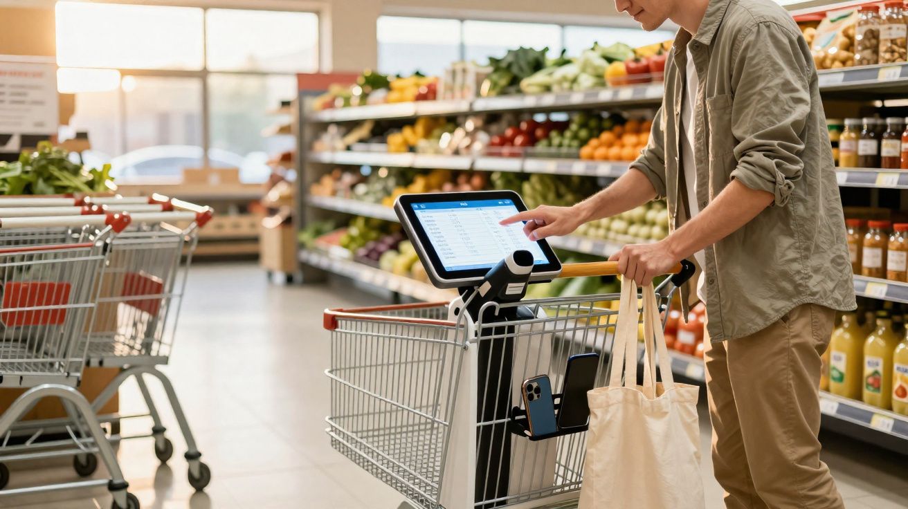 Homem com saco reutilizável usa carrinho de supermercado com tela digital para fazer compras na secção de frutas.