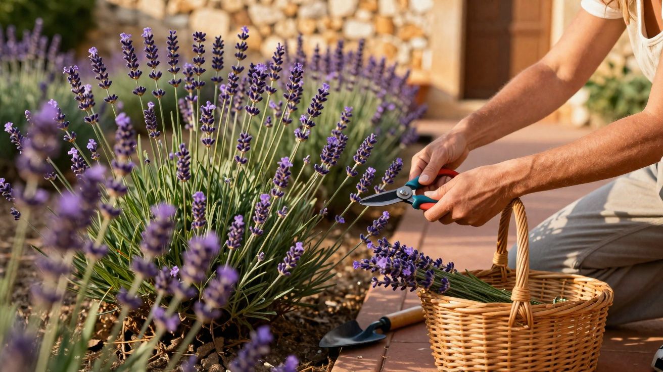 Pessoa a cortar flores de lavanda com tesoura de jardim e a colocar num cesto de vime.