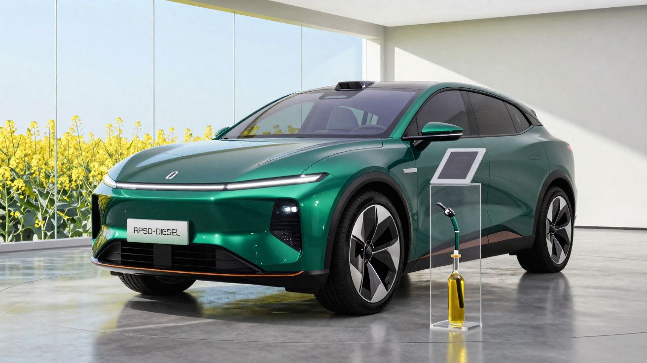 Carro elétrico moderno verde num espaço interior com grandes janelas e estação de carregamento à frente.