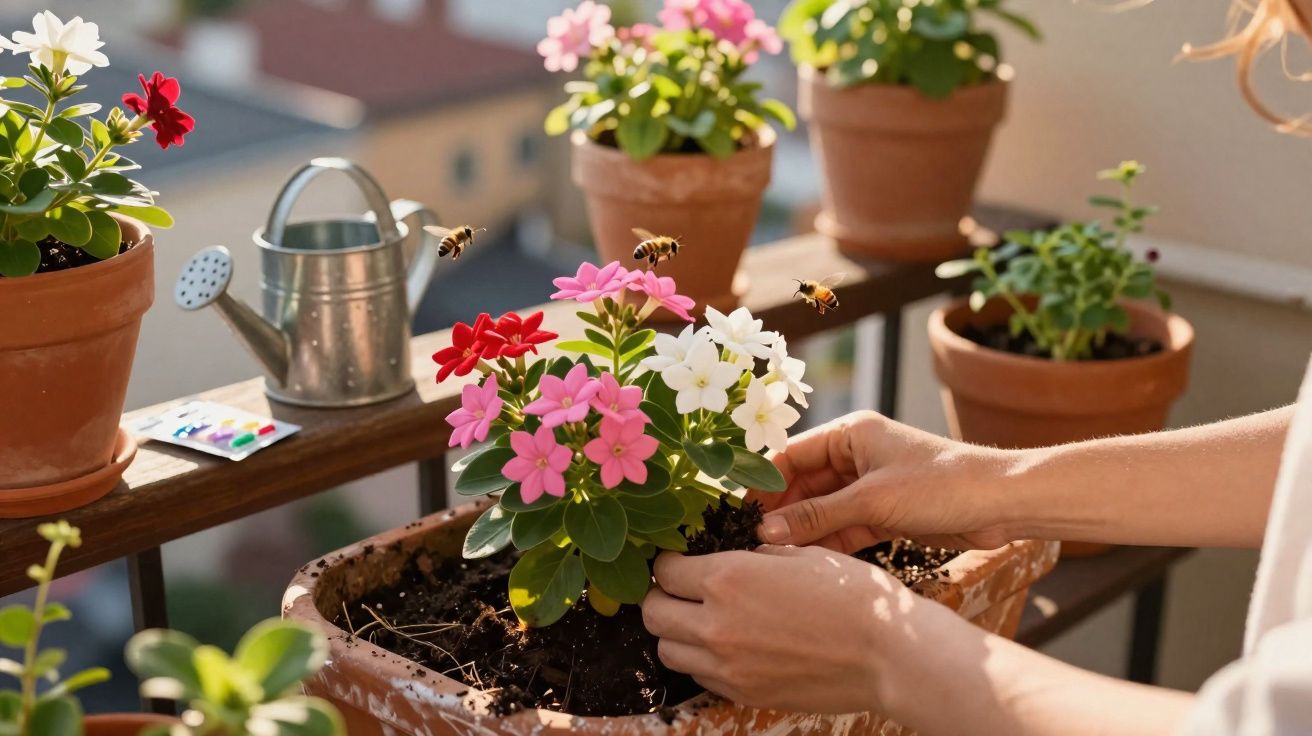 Pessoa a plantar flor colorida em vaso de barro num terraço com abelhas a voar à volta.