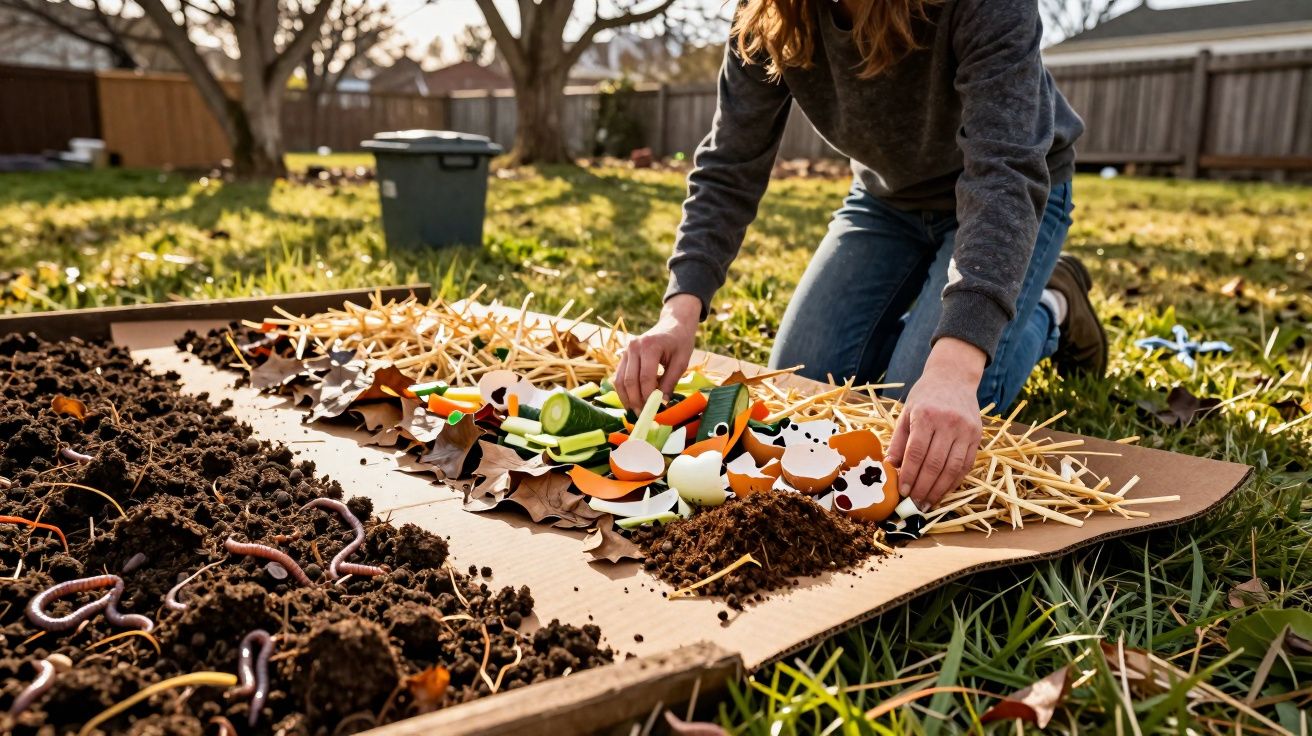 Pessoa a preparar uma cama de compostagem com restos de legumes, cascas de ovos e folhas num jardim.
