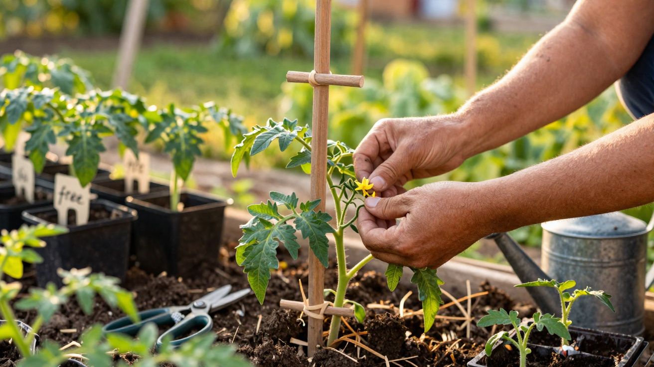 Mãos a cuidar de planta de tomate com flores amarelas numa horta, com regador e tesoura ao fundo.