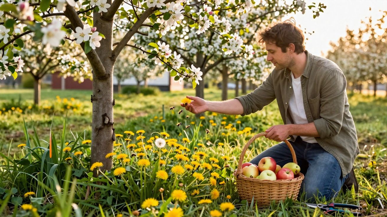 Homem ajoelhado numa pomar a apanhar maçãs, rodeado por flores amarelas e árvores floridas.