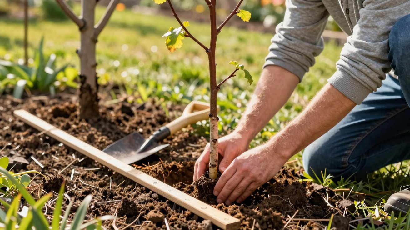 Pessoa a plantar uma jovem árvore num jardim com terra solta e ferramenta de jardinagem ao fundo.