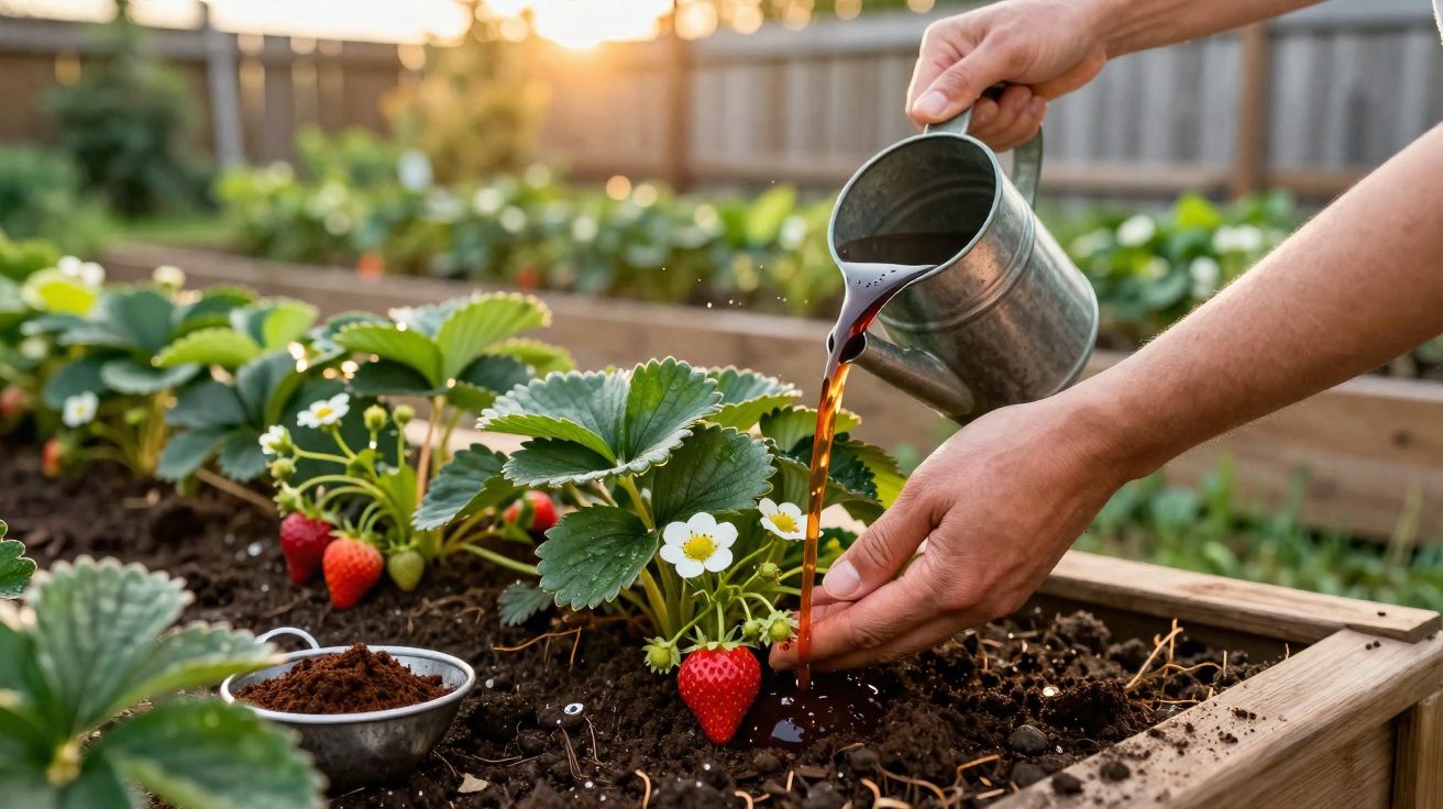 Mãos regando plantas de morango com líquido castanho num canteiro de madeira ao entardecer.