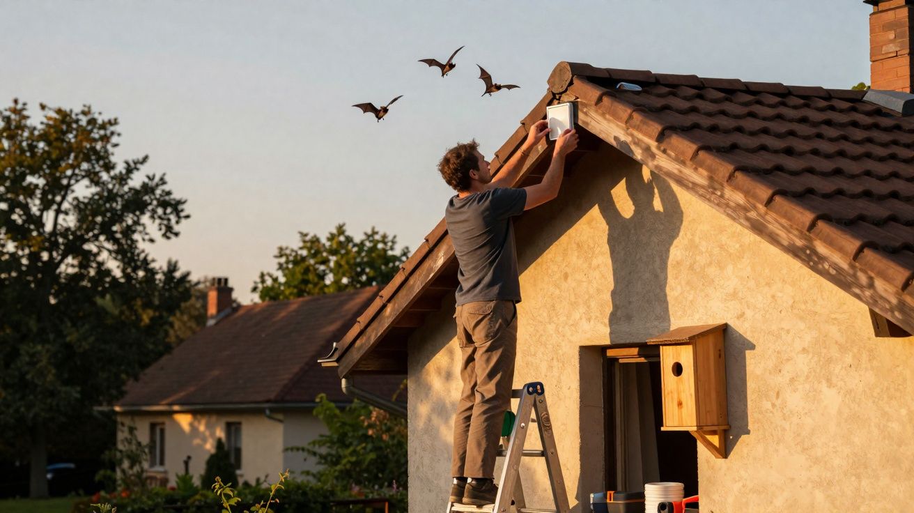 Homem numa escada instala caixa de madeira numa parede fora de uma casa com morcegos a voar ao entardecer.