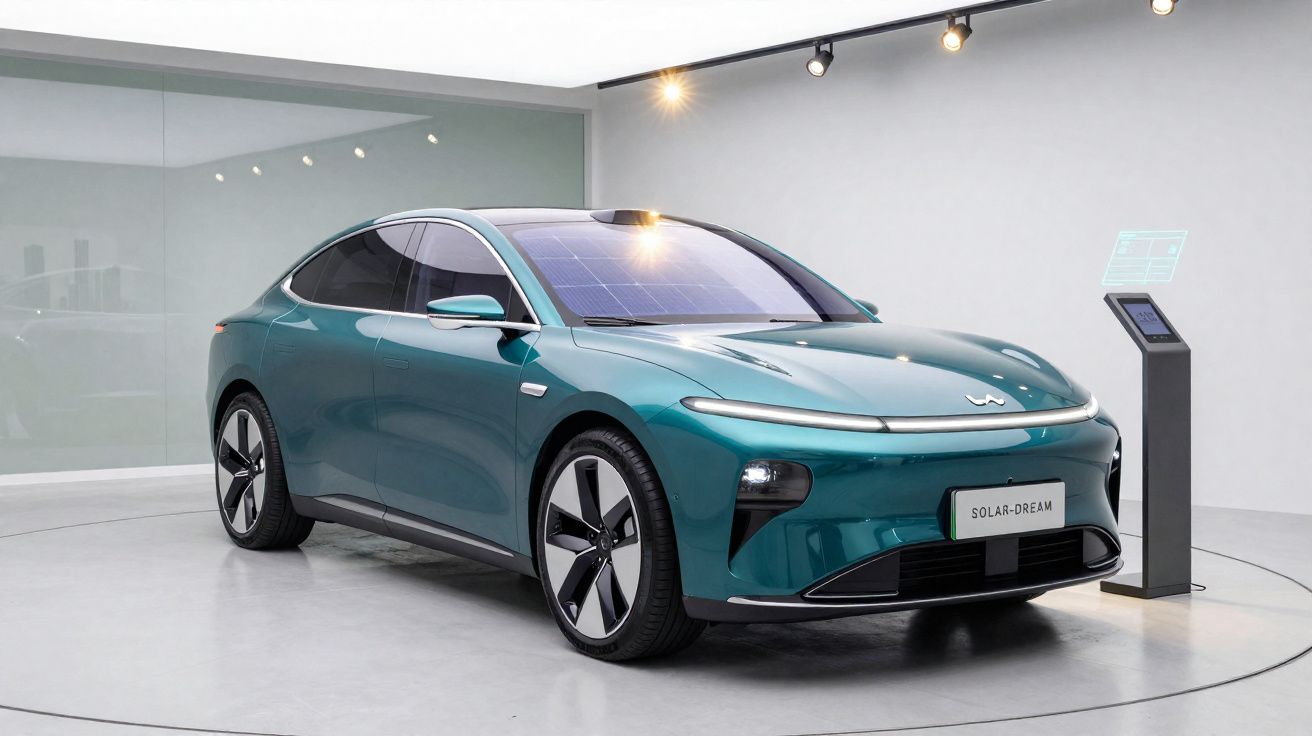 Carro elétrico azul com painéis solares no tejadilho, exibido numa sala com chão e paredes claras.