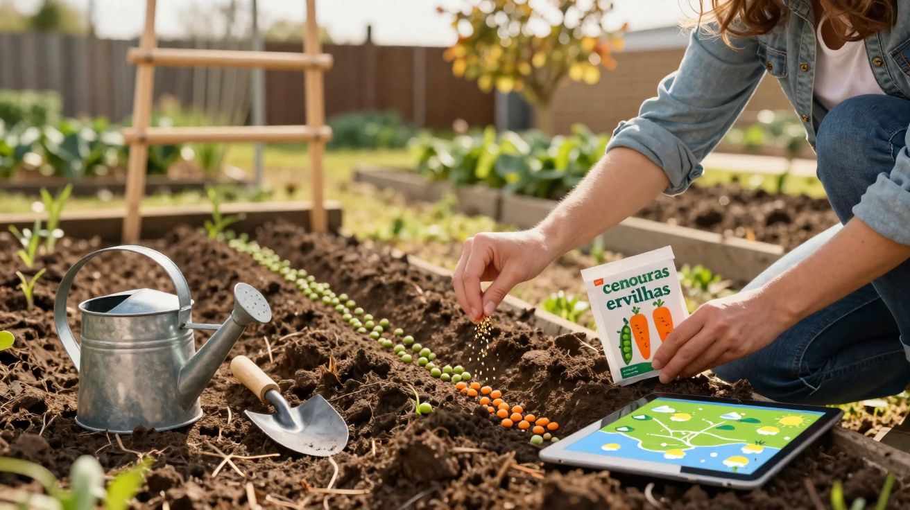 Pessoa a plantar sementes de cenoura e ervilha em canteiro, com regador, colher de jardinagem e tablet.