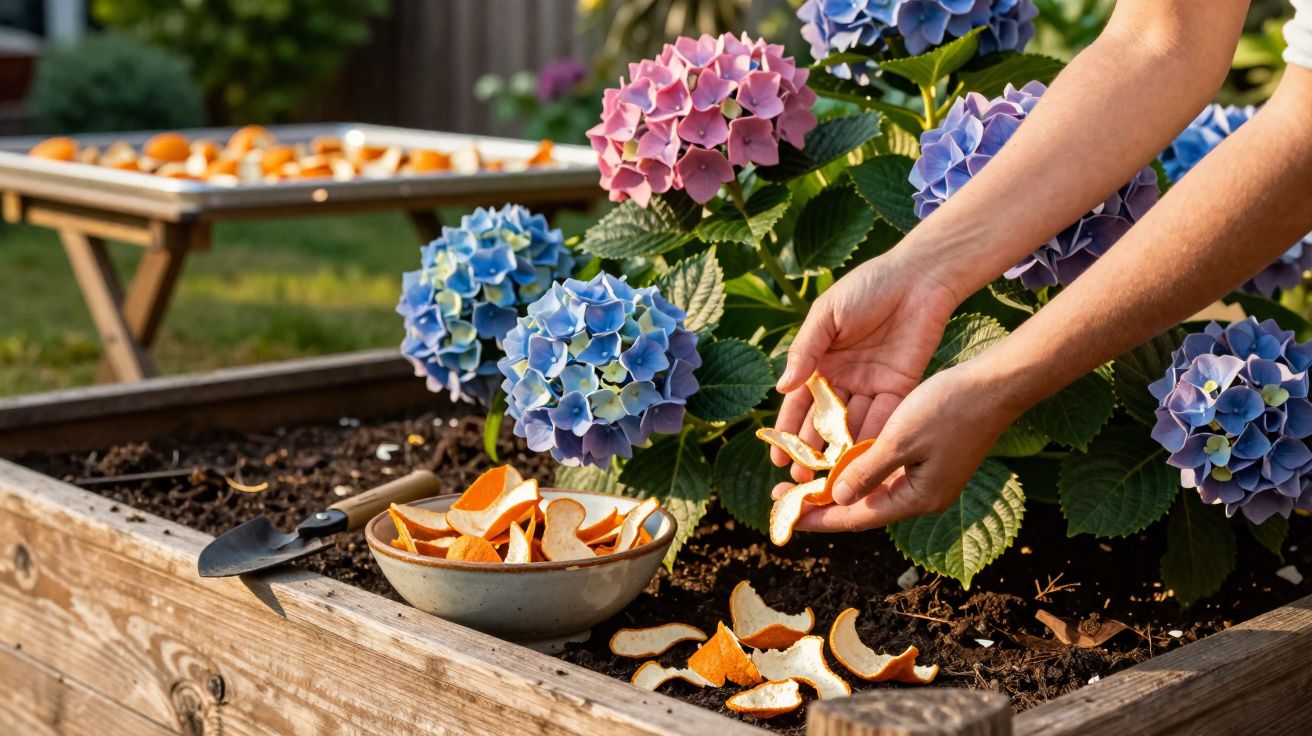 Mãos a espalhar cascas de laranja no solo de um canteiro com flores de hortênsia rosa e azul.