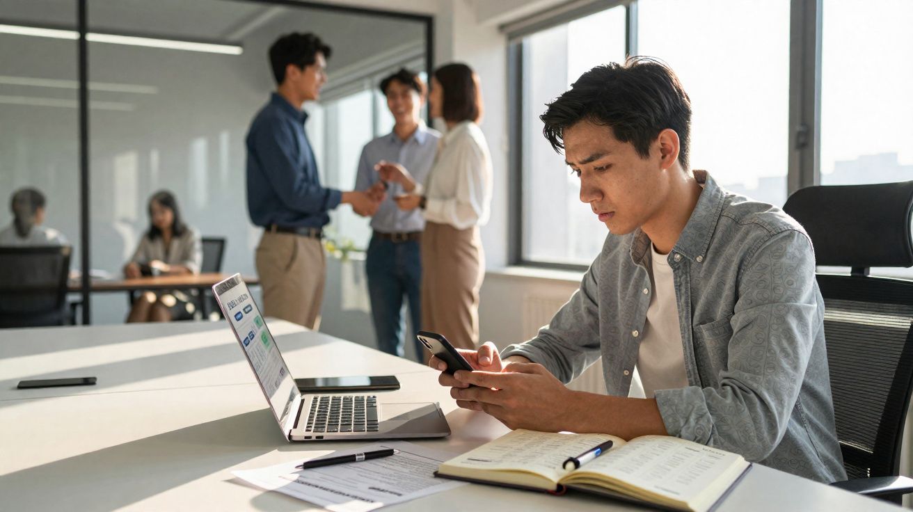 Homem concentrado a usar telemóvel numa sala de escritório com laptop aberto e colegas a conversar ao fundo.