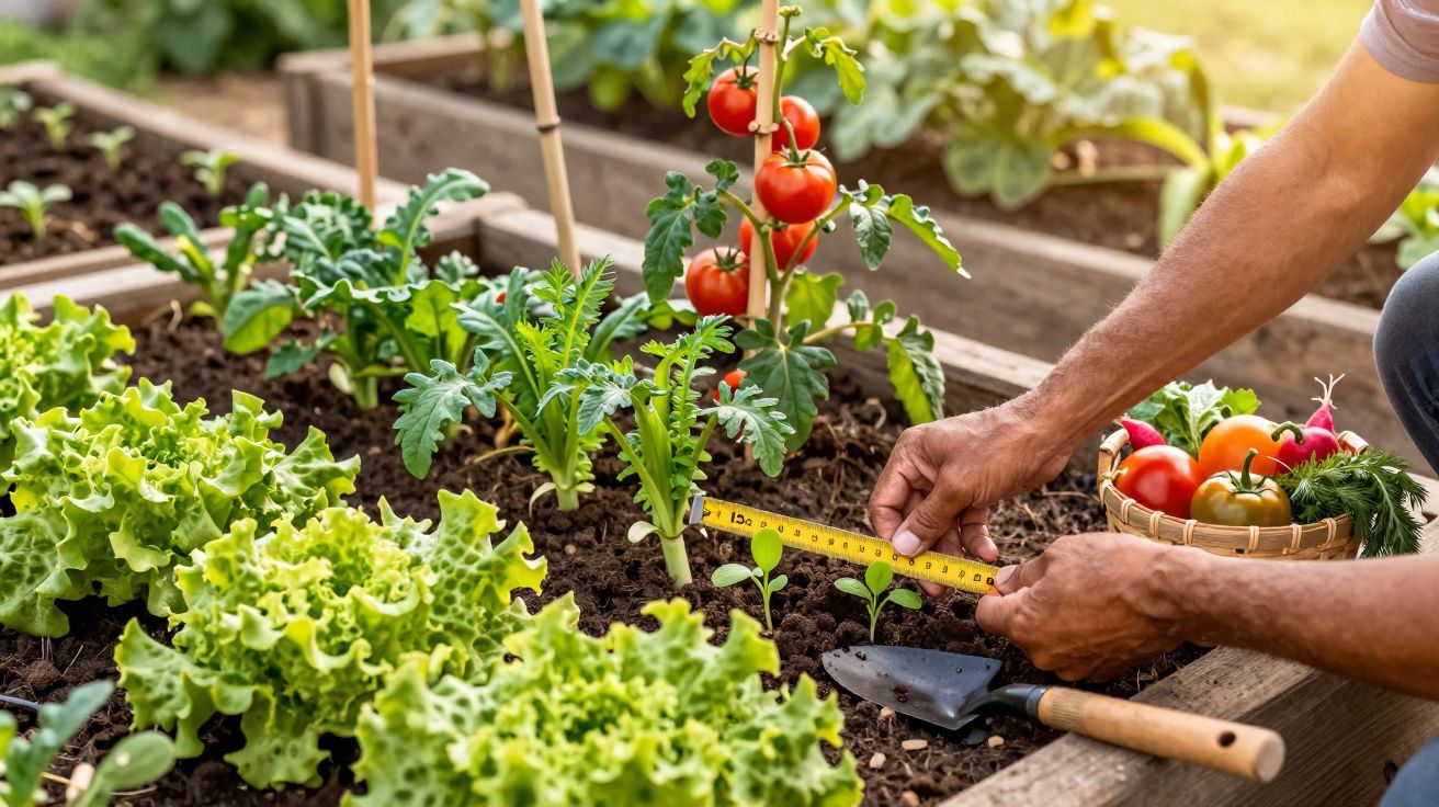 Pessoa a medir planta num canteiro com alfaces, tomateiros e cesto com legumes frescos.