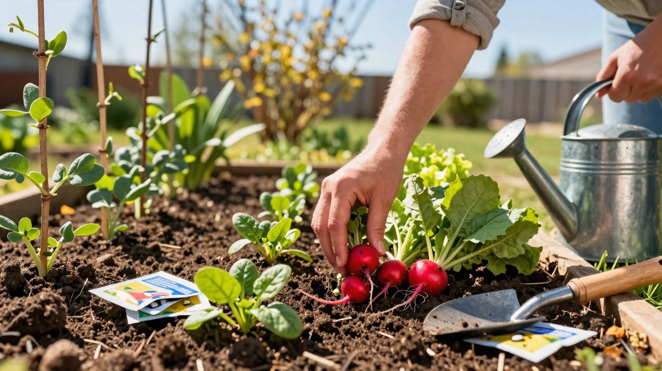Pessoa a colher rabanetes vermelhos de uma horta com regador e ferramentas de jardinagem ao lado.