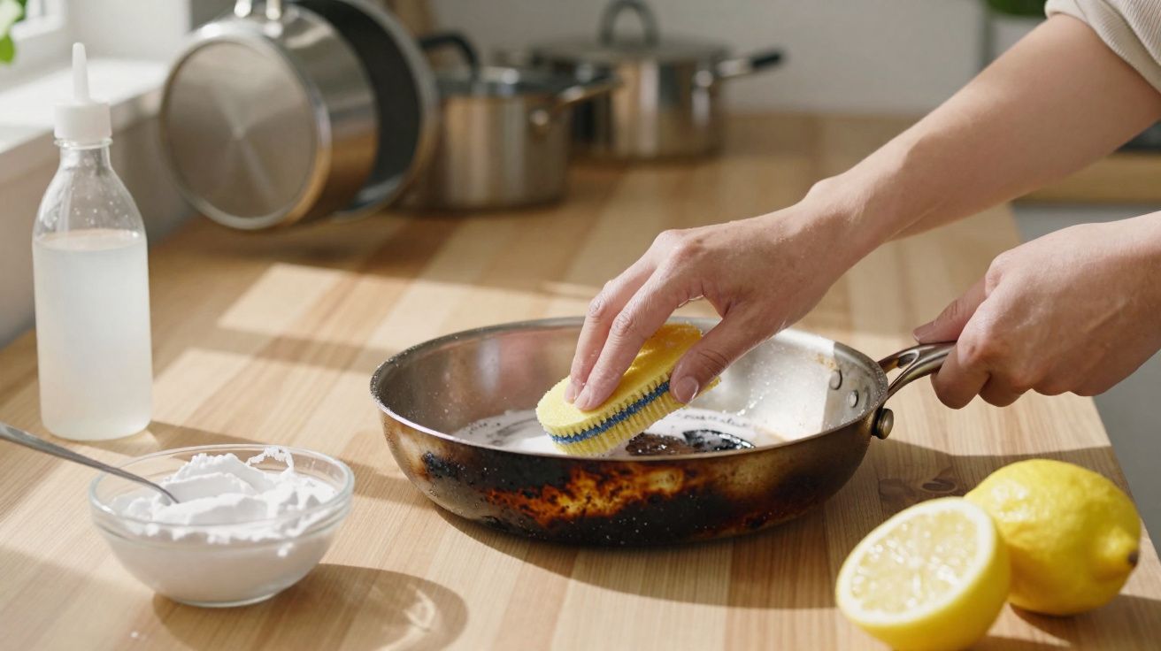 Pessoa a limpar frigideira queimada com esponja amarela, limão, bicarbonato e garrafa com líquido transparente.