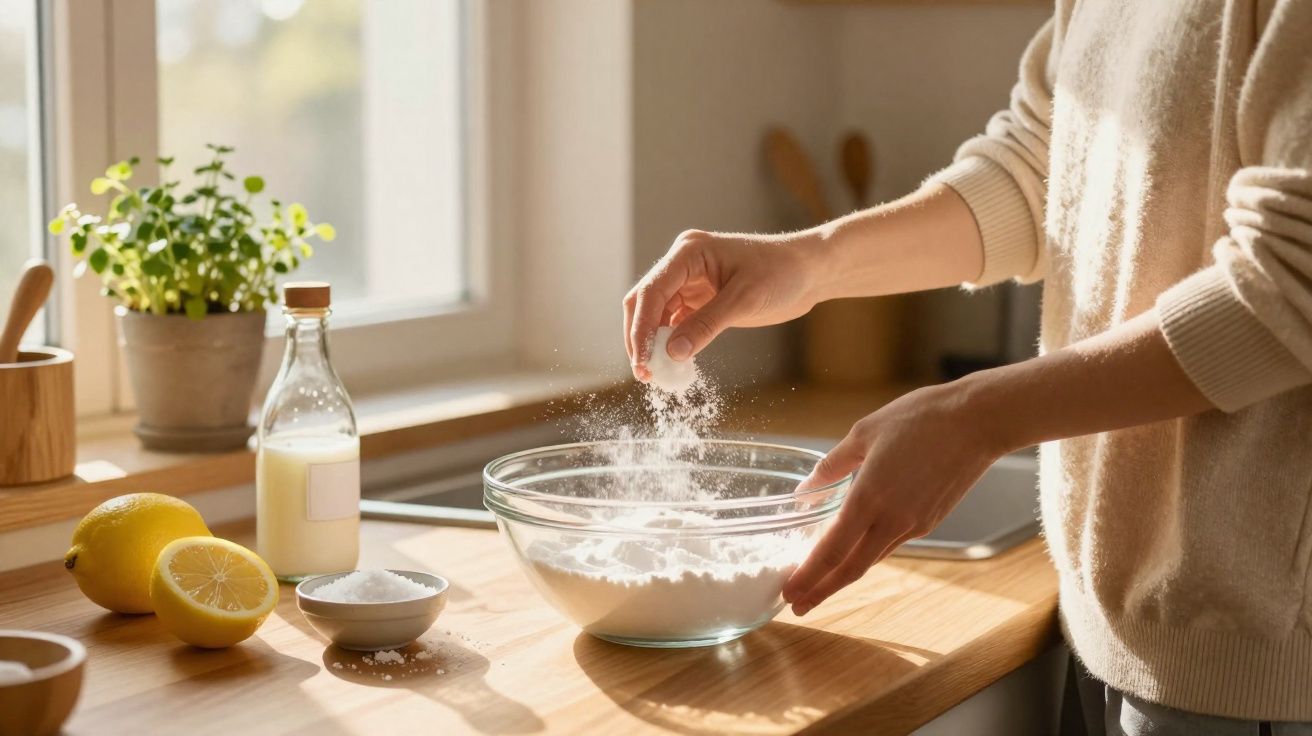 Pessoa a adicionar fermento em pó numa tigela de vidro numa cozinha iluminada pelo sol.