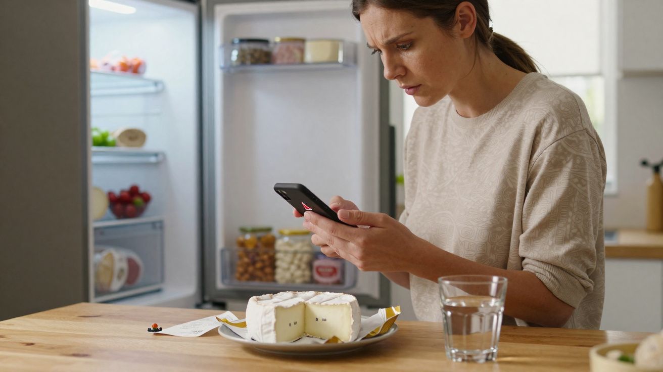 Mulher preocupada a olhar para o telemóvel com frigorífico aberto e queijo na mesa.