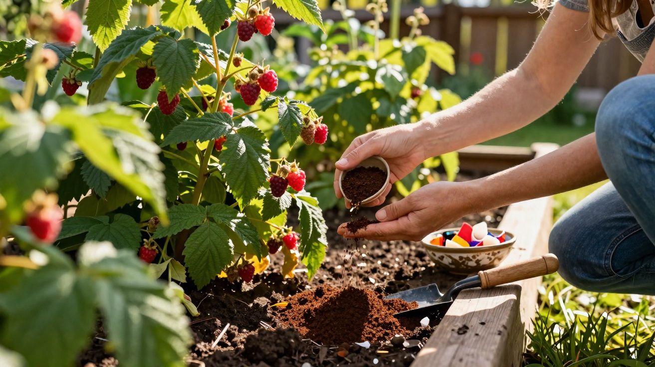 Pessoa a adubar hortas de framboesas vermelhas num canteiro de jardim com terra escura e saudável.