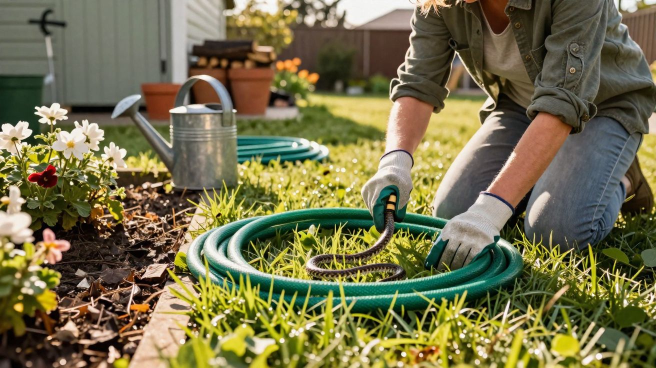 Pessoa de joelhos com luvas a apanhar uma cobra negra enrolada numa mangueira verde num jardim.