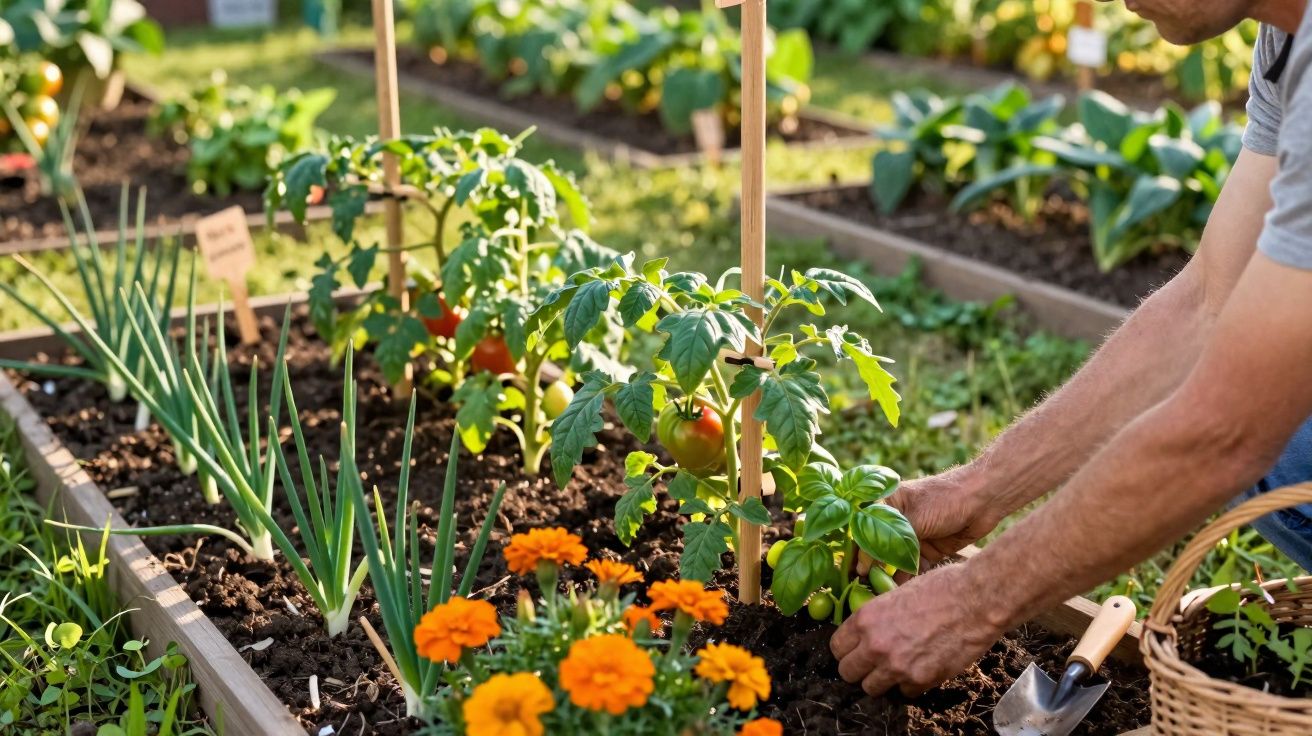Pessoa a cuidar de plantas num canteiro com tomateiros, cebolas e flores alaranjadas.