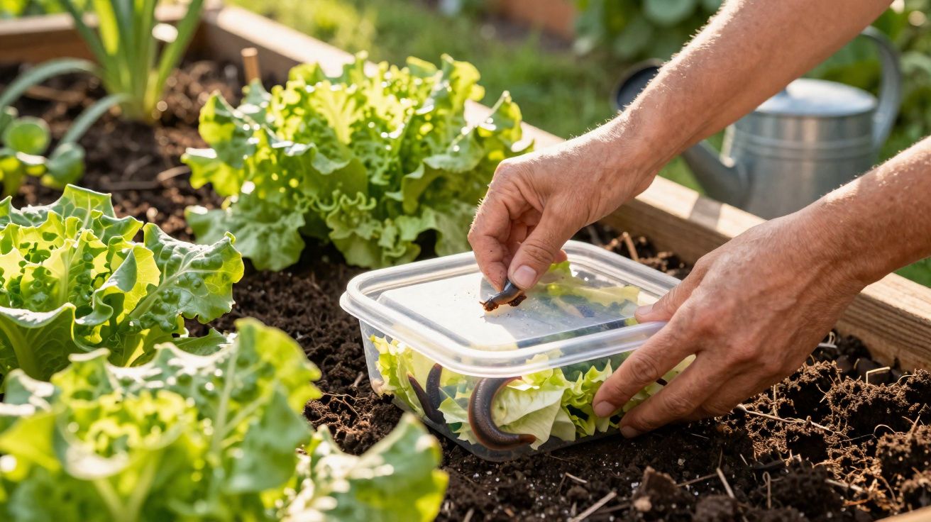 Mãos a colocar lesma numa caixa transparente numa horta com alfaces verdes e terra solta.