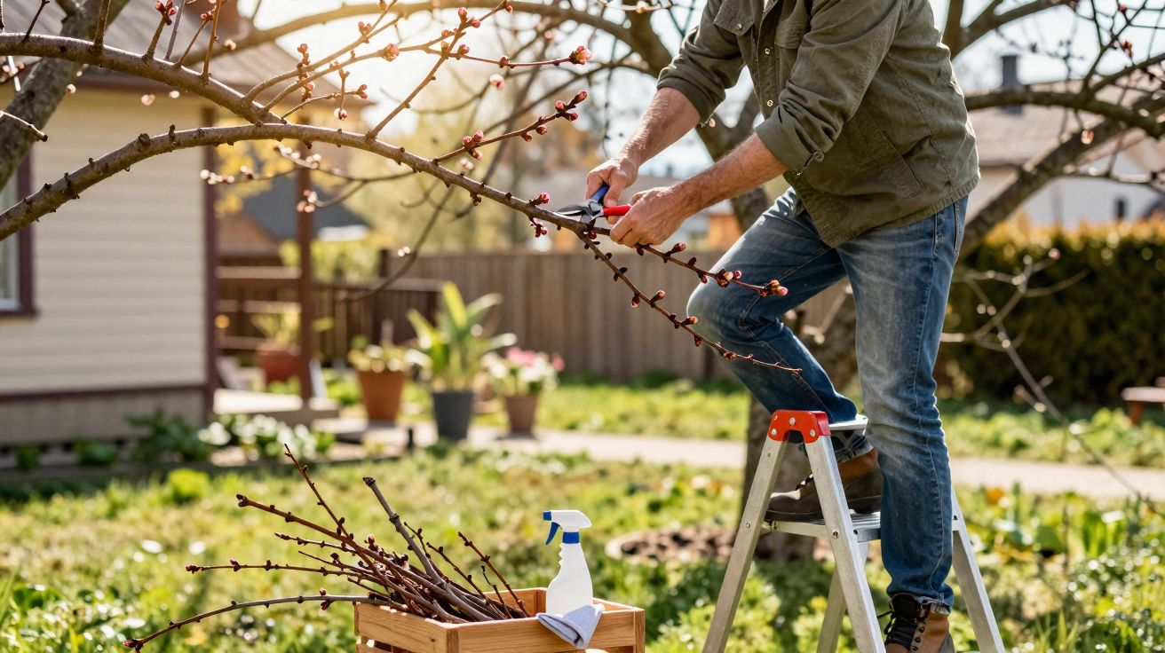 Pessoa podando galho de árvore com tesoura de poda no jardim, em apoio numa escada.