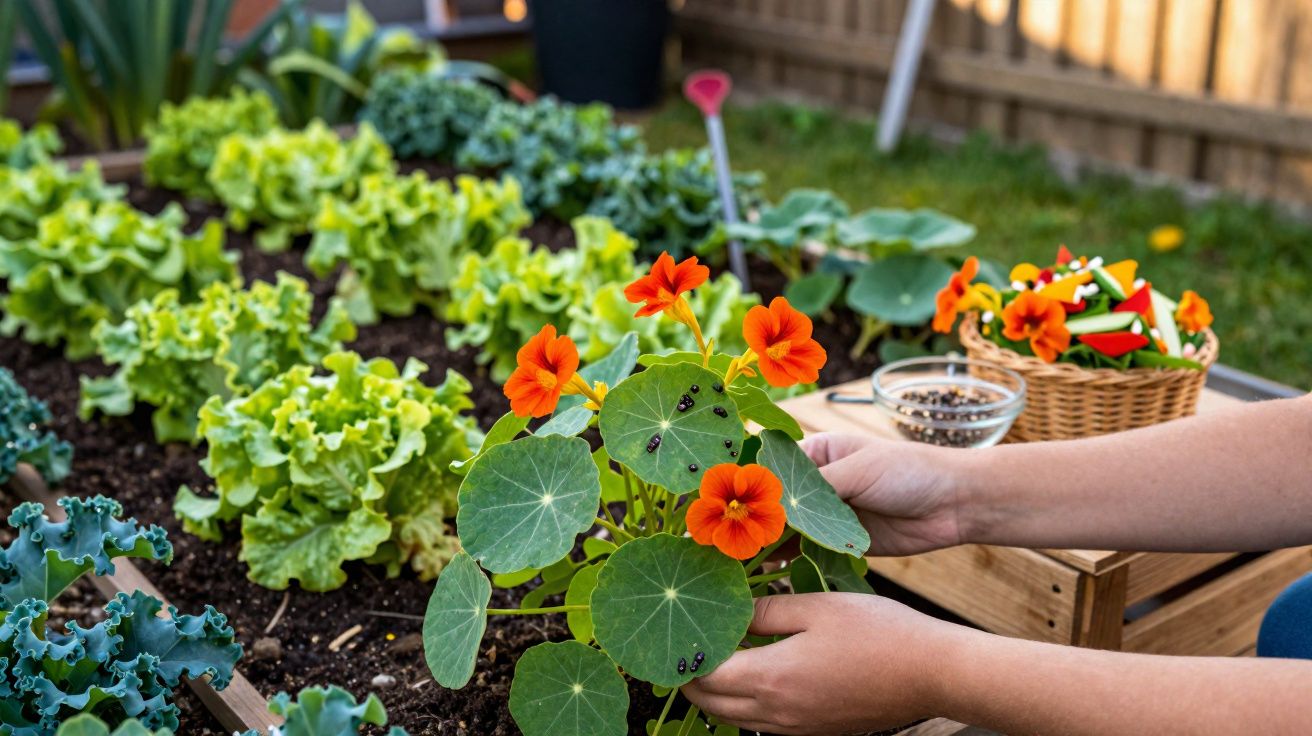 Mãos a cuidar de planta com flores laranja num canteiro, com alfaces e outros vegetais ao fundo.