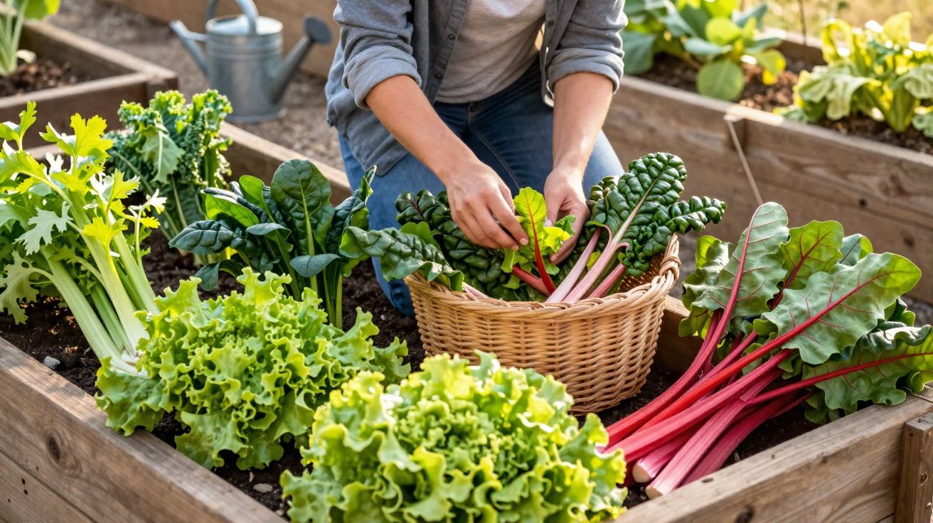 Pessoa a colher acelga e outras folhas verdes num canteiro de madeira num jardim.