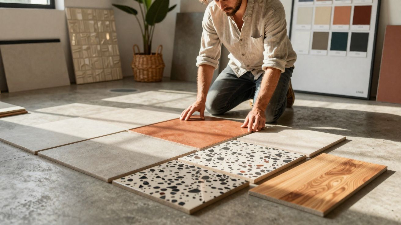 Homem ajoelhado a medir e comparar vários tipos de ladrilhos e revestimentos no chão.