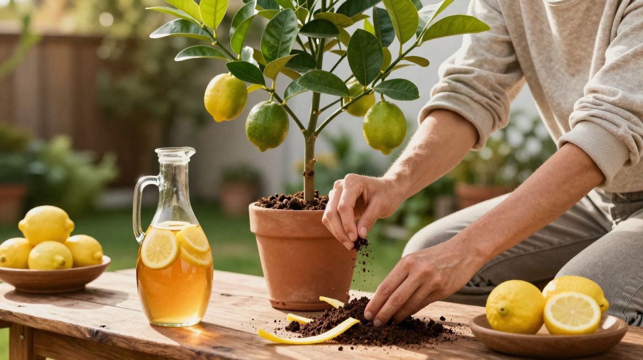 Pessoa a cuidar de planta de limão num vaso, com limões, jarra e limonada numa mesa de madeira.
