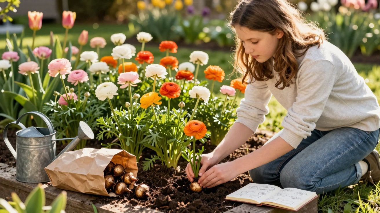 Rapaz a plantar flores coloridas num jardim com regador e saco de bolbos ao lado.