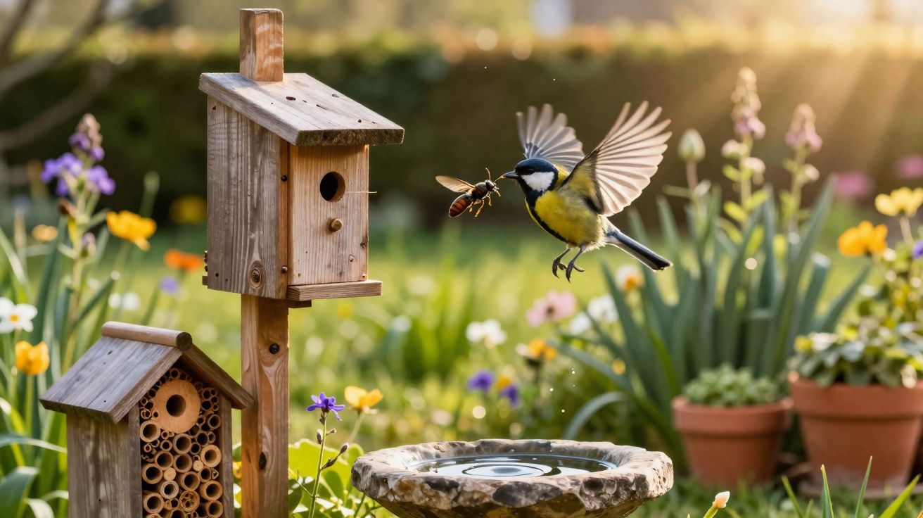 Pássaro em voo a alimentar-se com inseto num jardim junto a casinhas de madeira para pássaros.