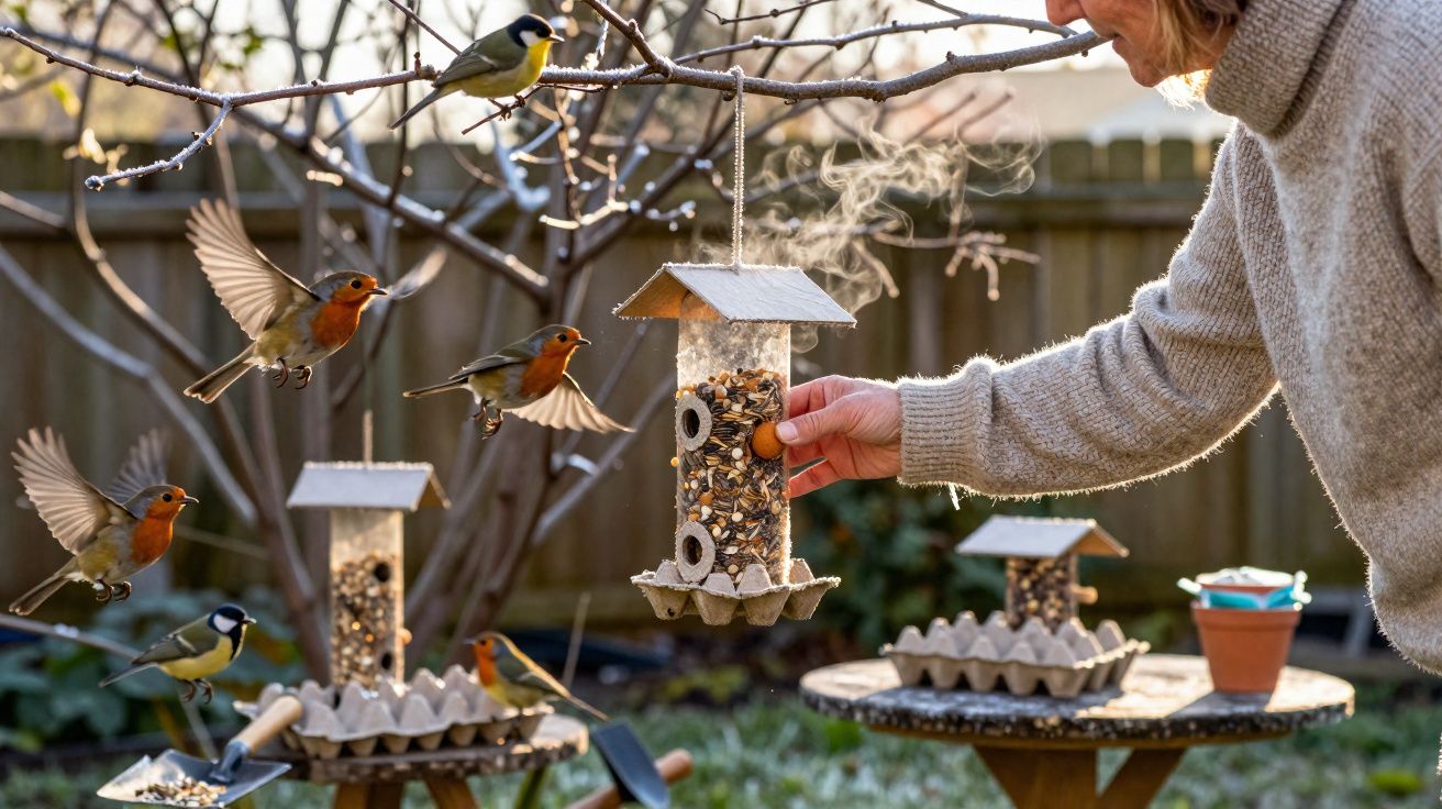 Pessoa a alimentar pássaros num alimentador suspenso no jardim durante manhã fria.