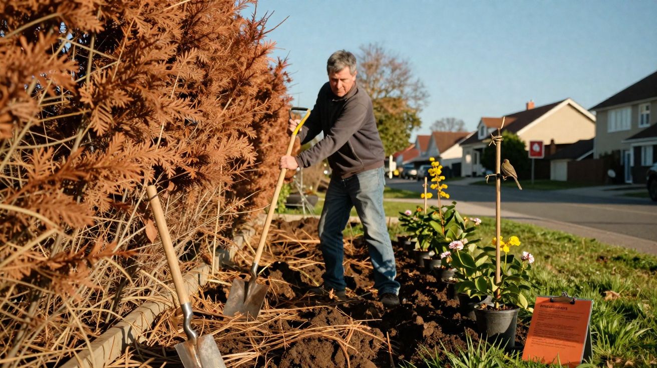 Homem a cavar terra num jardim junto à rua com plantas em vasos e árvores secas ao lado.