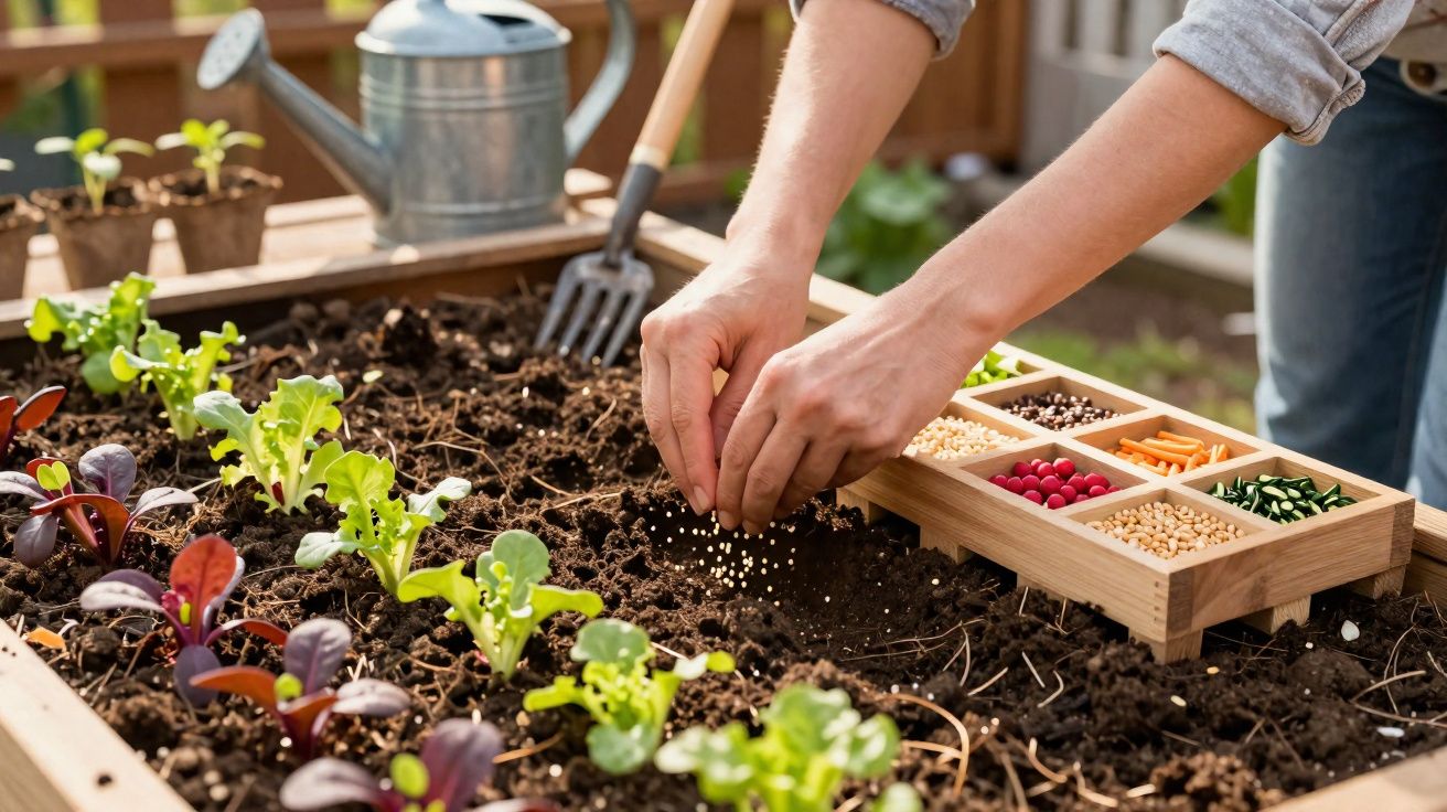 Mãos a semear sementes na terra de uma horta com várias plantas e caixa de sementes coloridas.