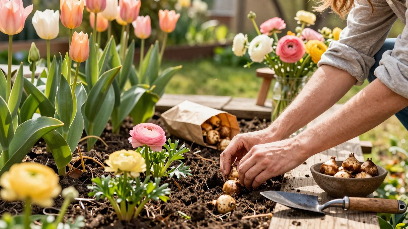 Pessoa a plantar bulbos de flores num canteiro com flores tulipas e ranúnculos coloridos em jardim.
