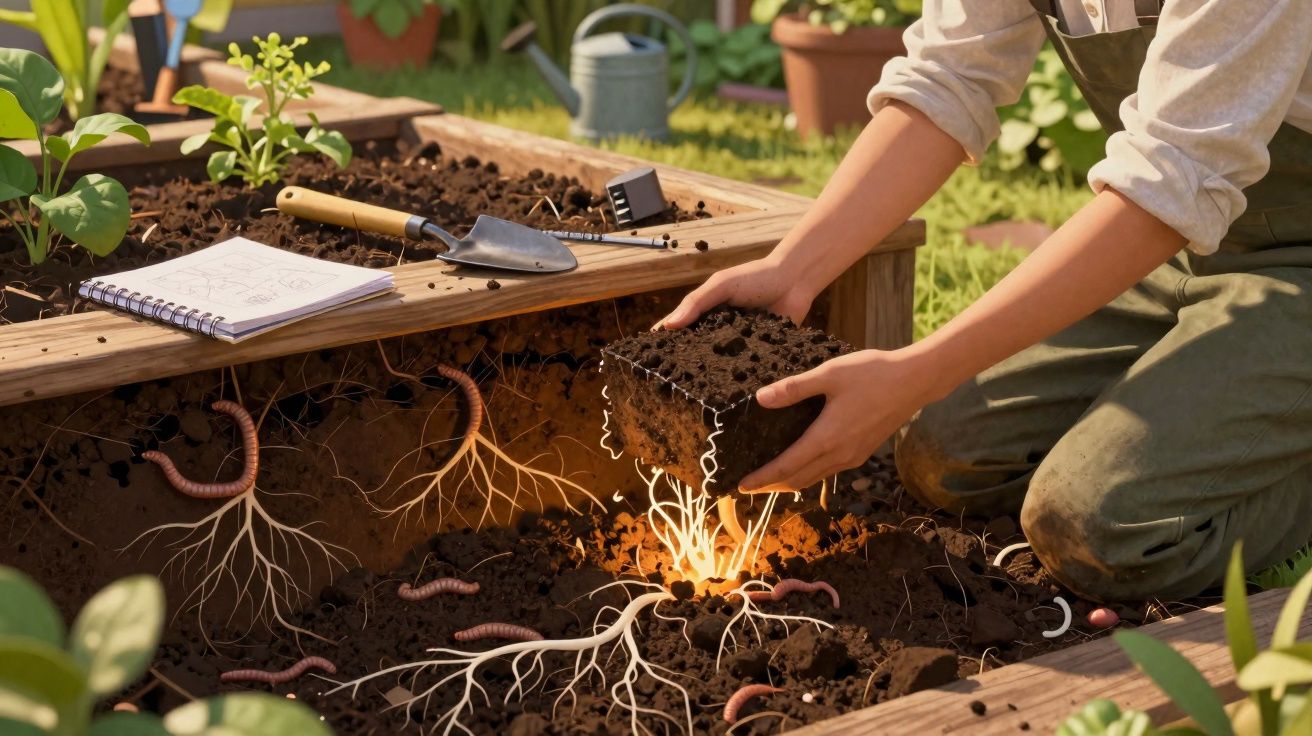 Pessoa a transplantar planta num canteiro, mostrando raízes iluminadas e minhocas no solo fértil.