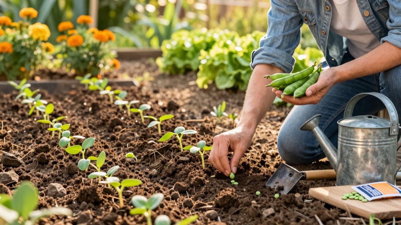 Pessoa a plantar sementes num jardim com mudas, regador e flores amarelas ao fundo.
