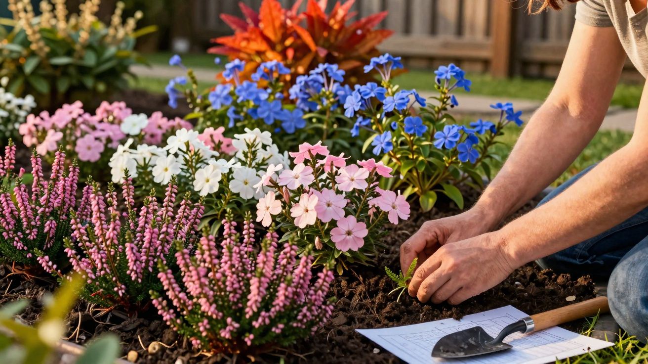 Pessoa a plantar flores coloridas num jardim com ferramenta e plantas variadas à volta.