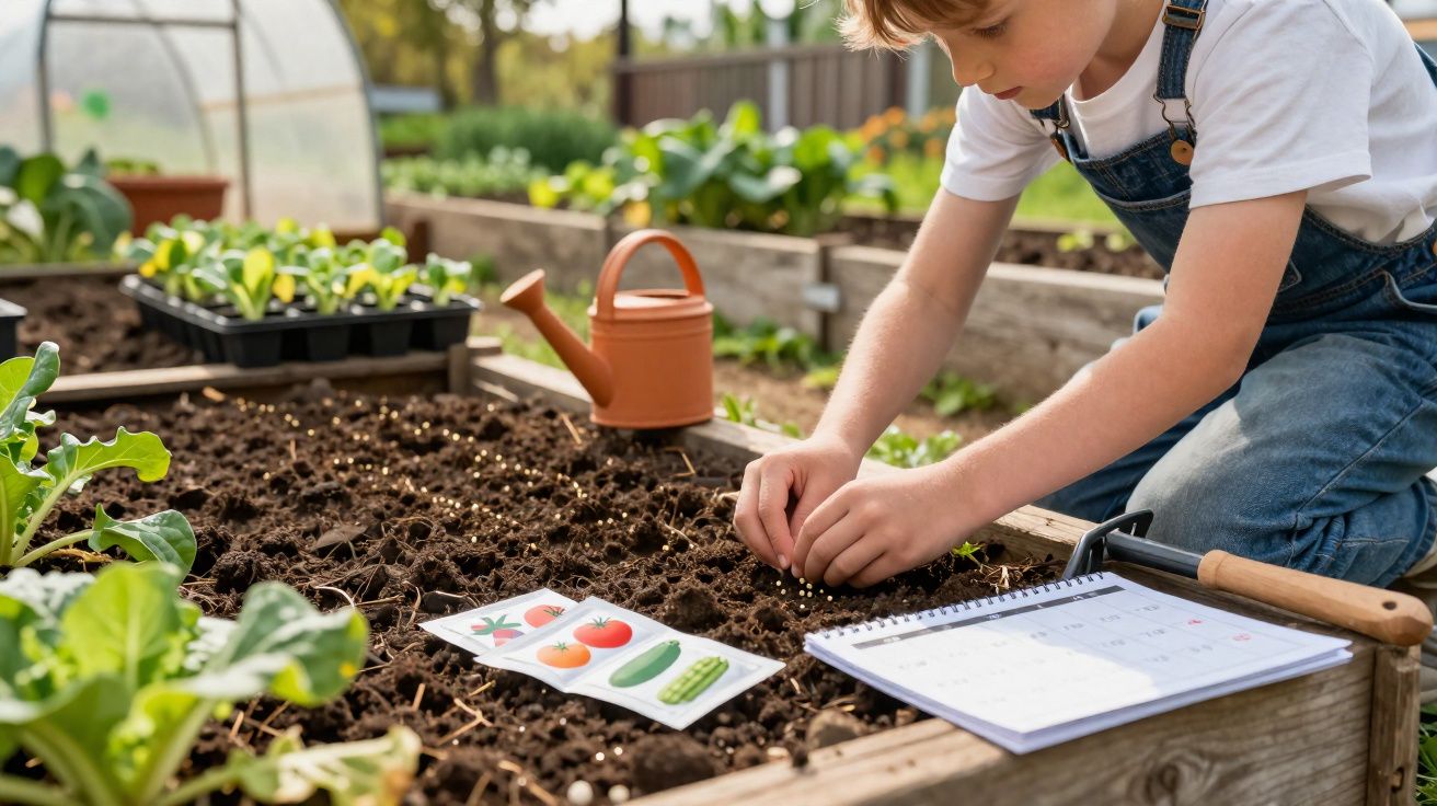 Criança a plantar sementes numa horta, ao lado de uma regadeira, caderno e imagem de legumes.