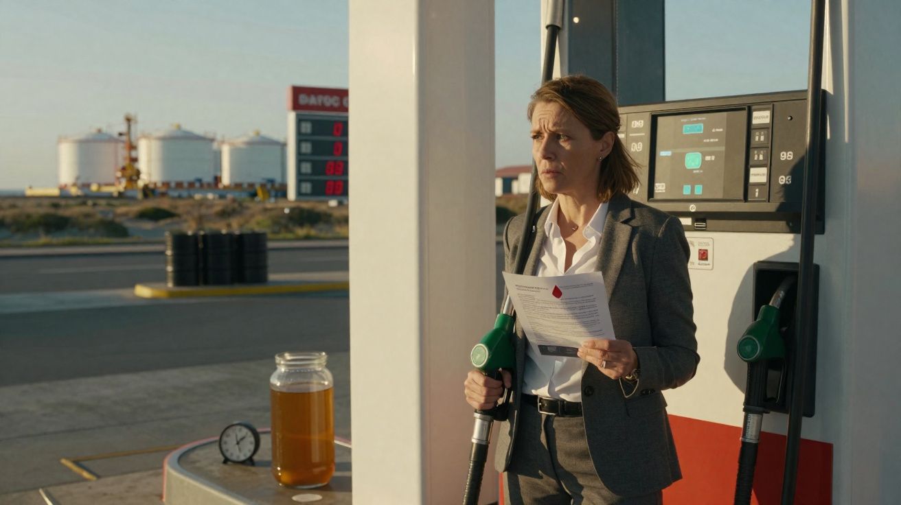 Mulher de fato numa bomba de gasolina, segurando documento e bico de combustível verde.