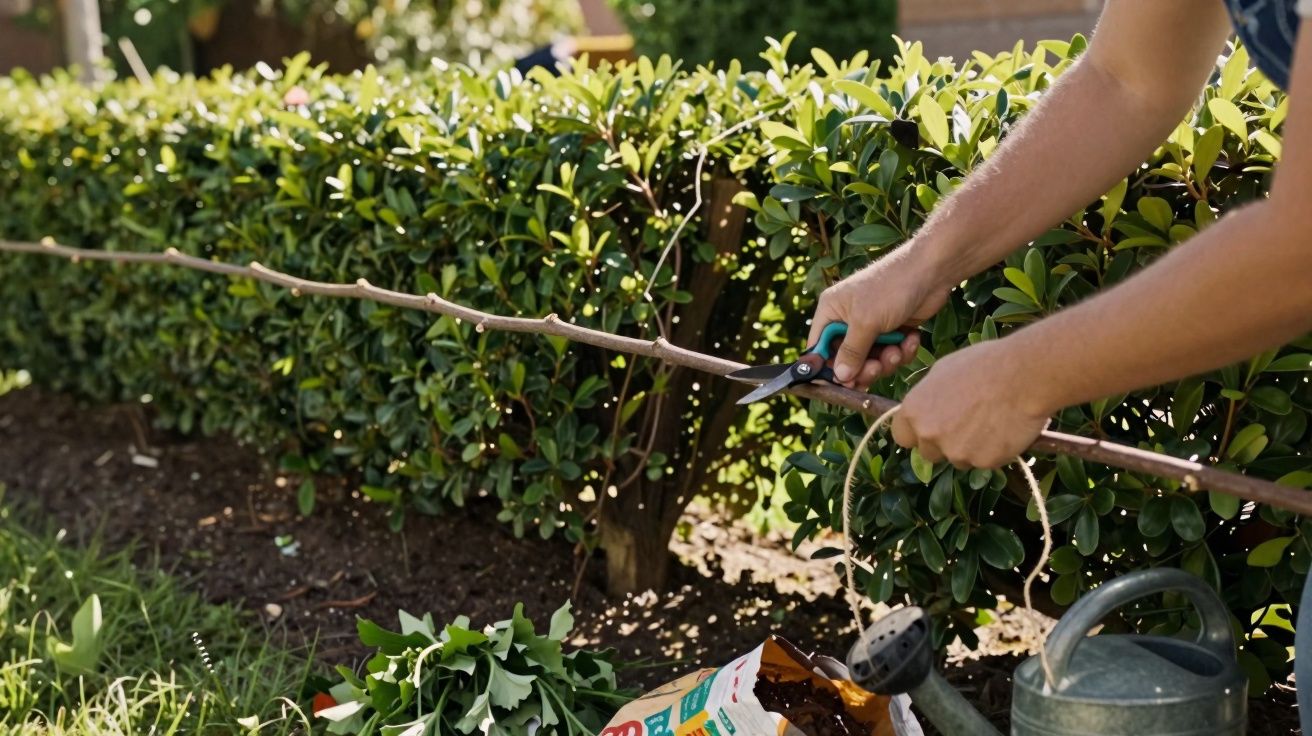 Pessoa podando arbusto com tesoura de poda num jardim ensolarado.